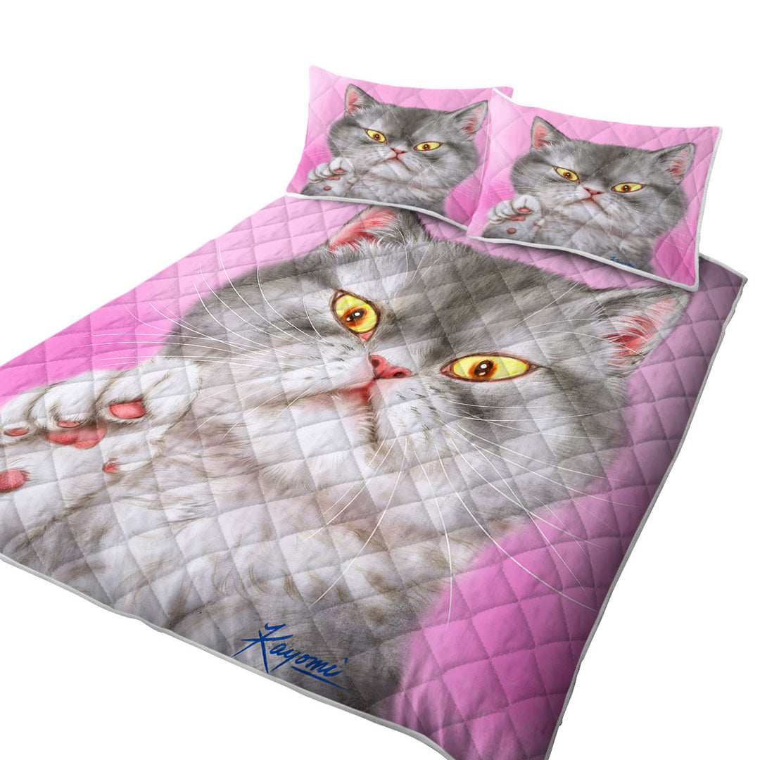 Kittens Art Angry Grey Kitty Cat over Pink Quilt