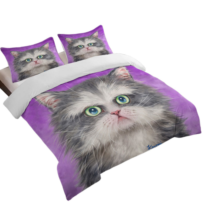 Kittens Art Paintings Fluffy Grey and White Cat Coverlets
