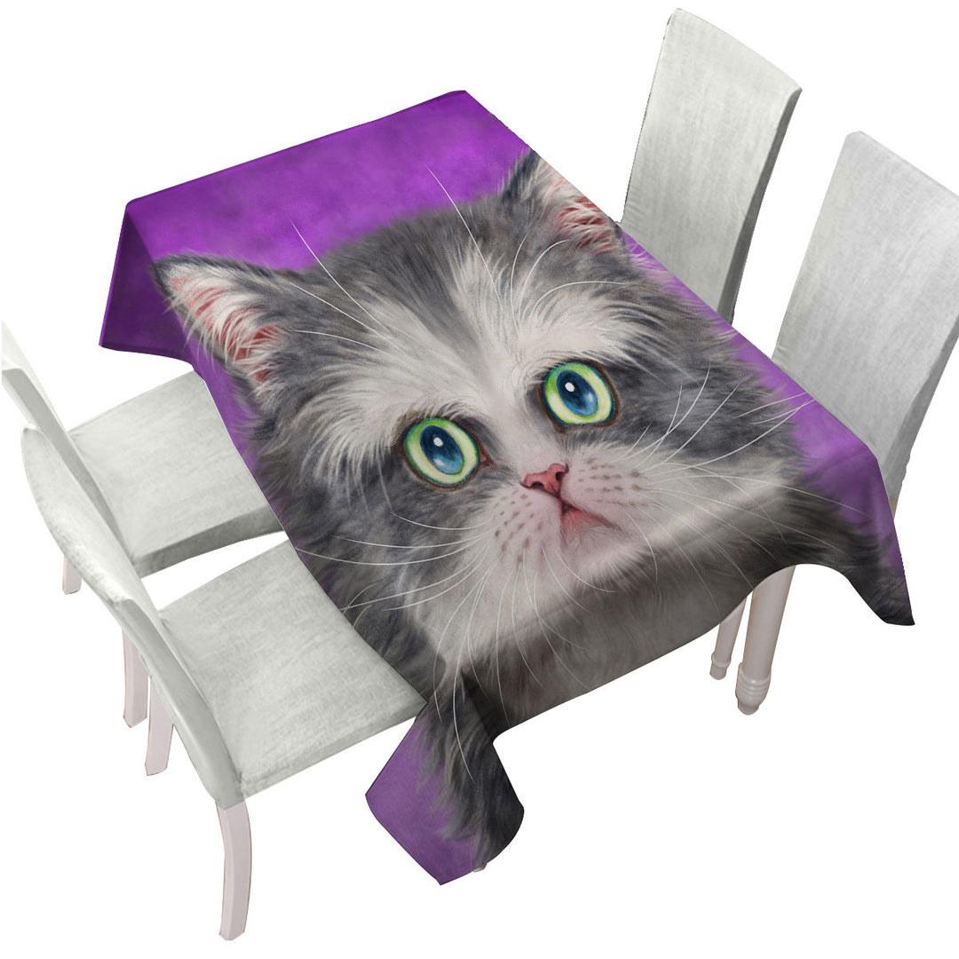 Kittens Art Paintings Fluffy Grey and White Cat Custom table cloth