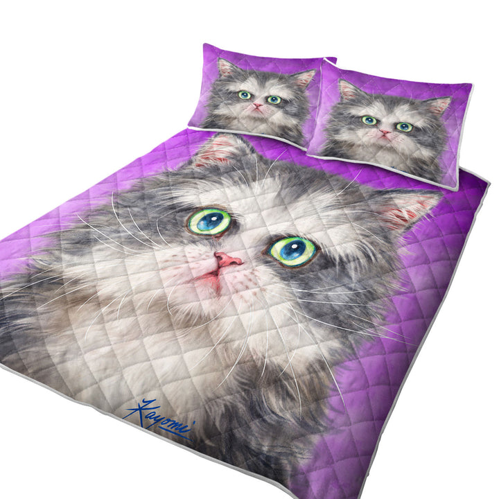 Kittens Art Paintings Fluffy Grey and White Cat Quilt