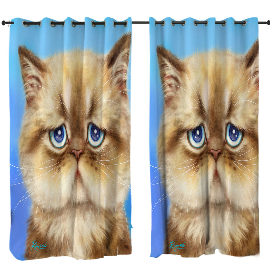 Kittens Cute Drawings Brown Sad Cat over Blue Drapes