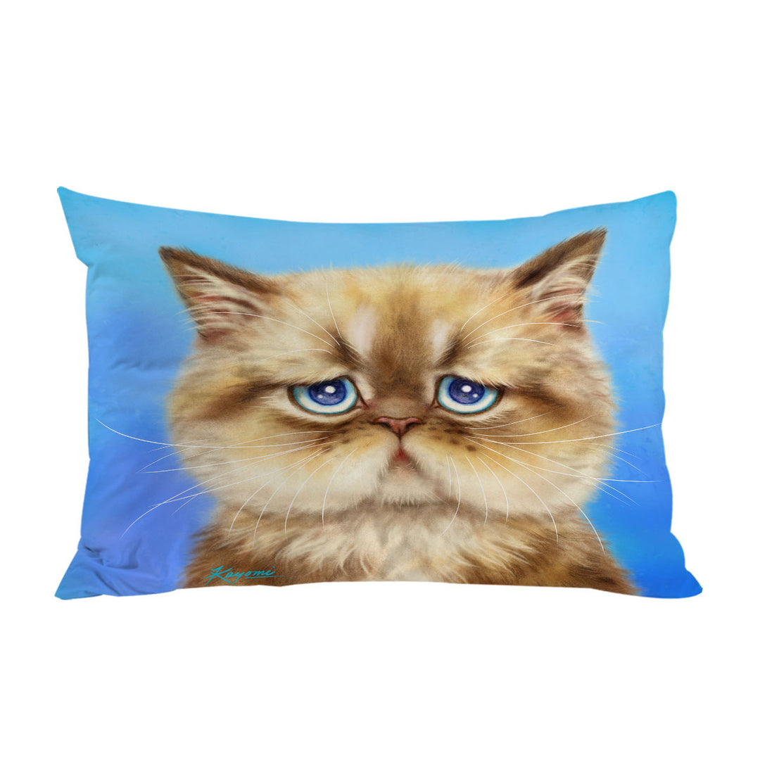 Kittens Cute Drawings Brown Sad Cat over Blue Pillowcases