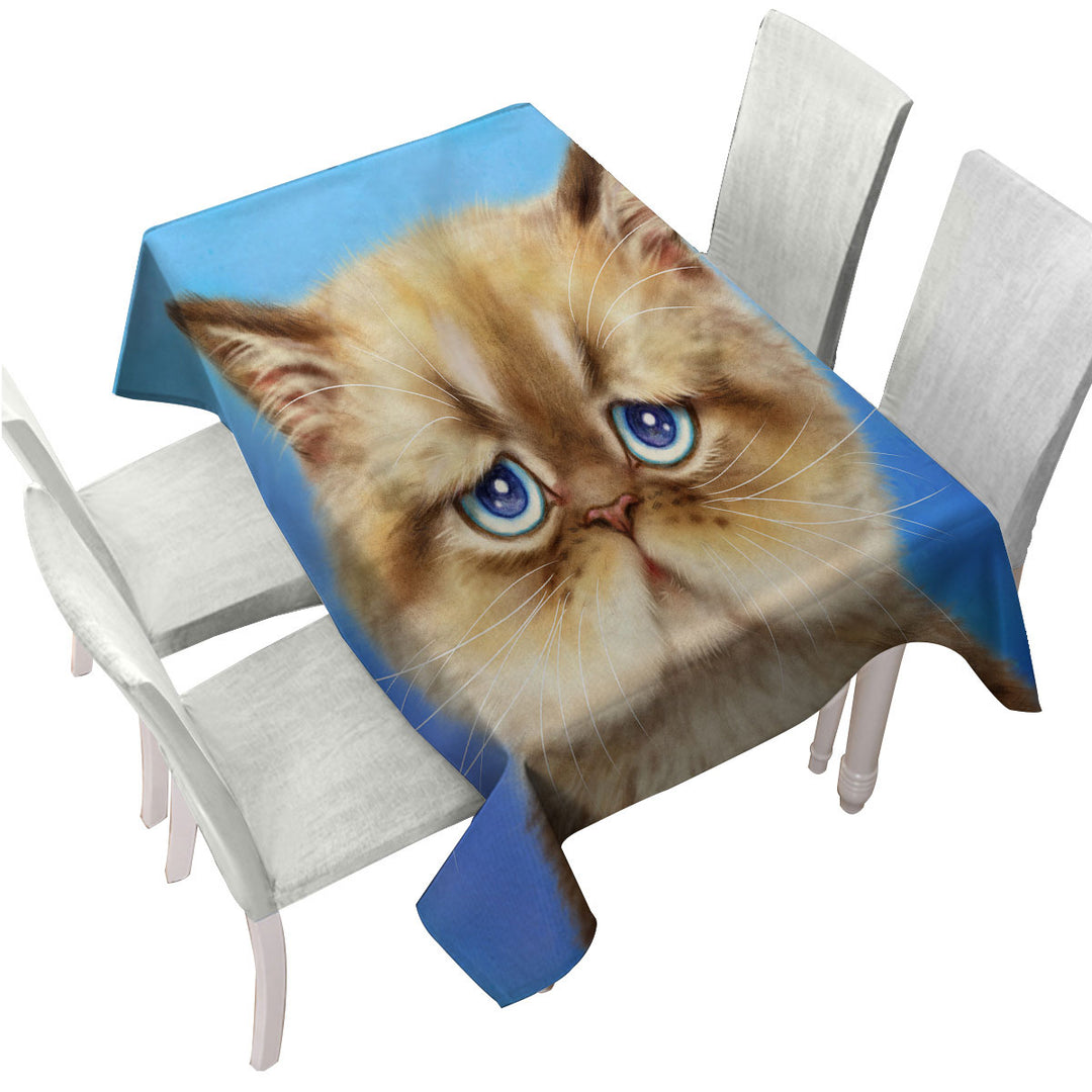 Kittens Cute Drawings Brown Sad Cat over Blue Table Cover