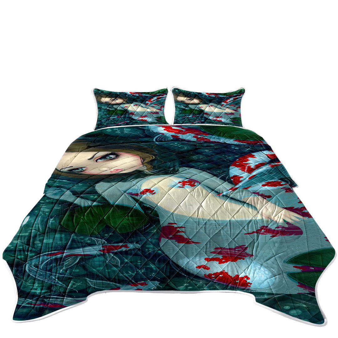 Koi Fish Pond Daydreaming Koi Mermaid Quilt
