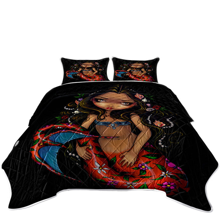La Sirena the Big Eyed Mermaid with a Floral Tail Coverlet