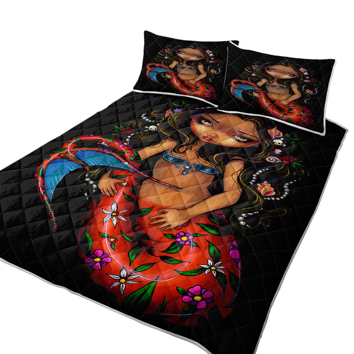 La Sirena the Big Eyed Mermaid with a Floral Tail Coverlets