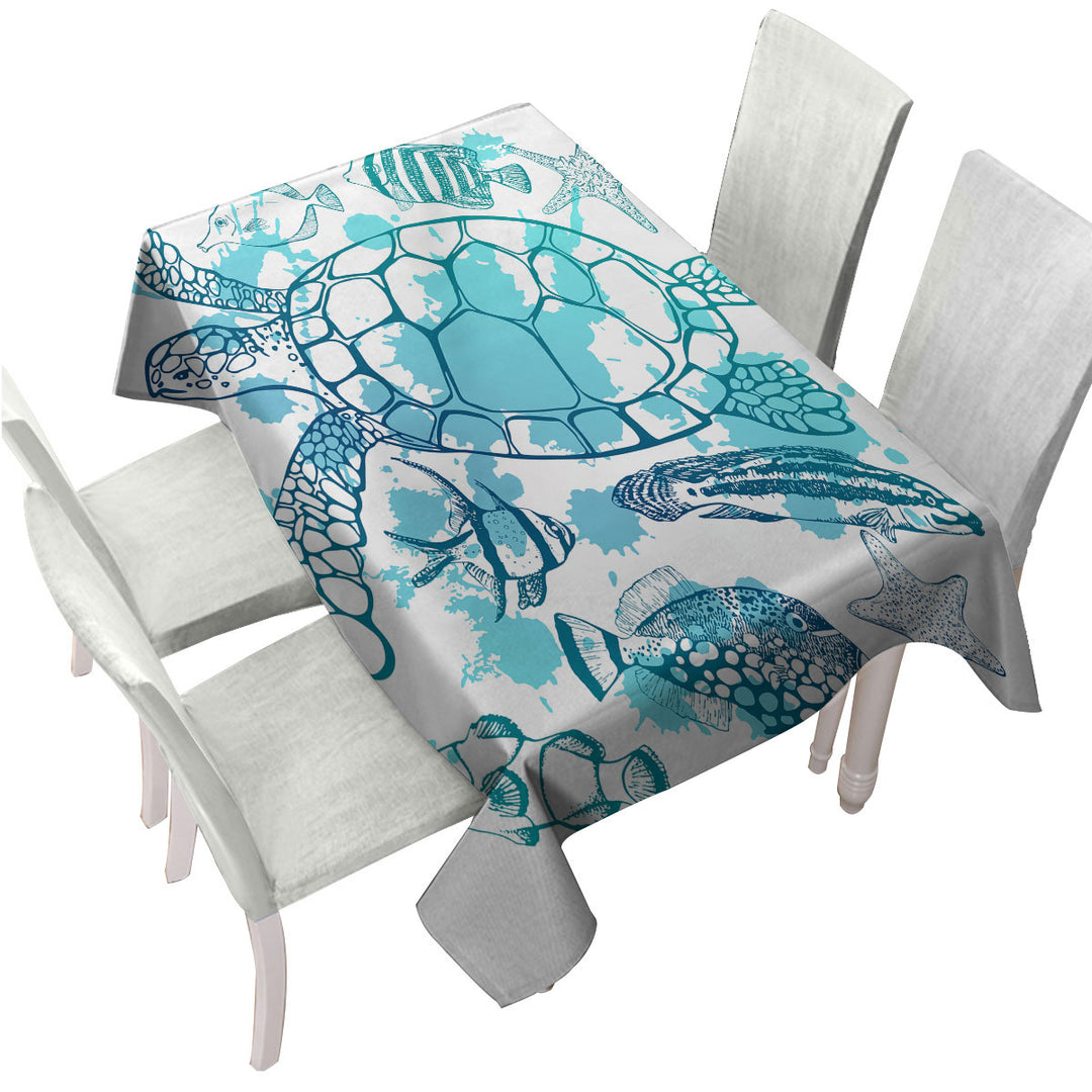 Light Blue Turtle and Fish Tablecloths