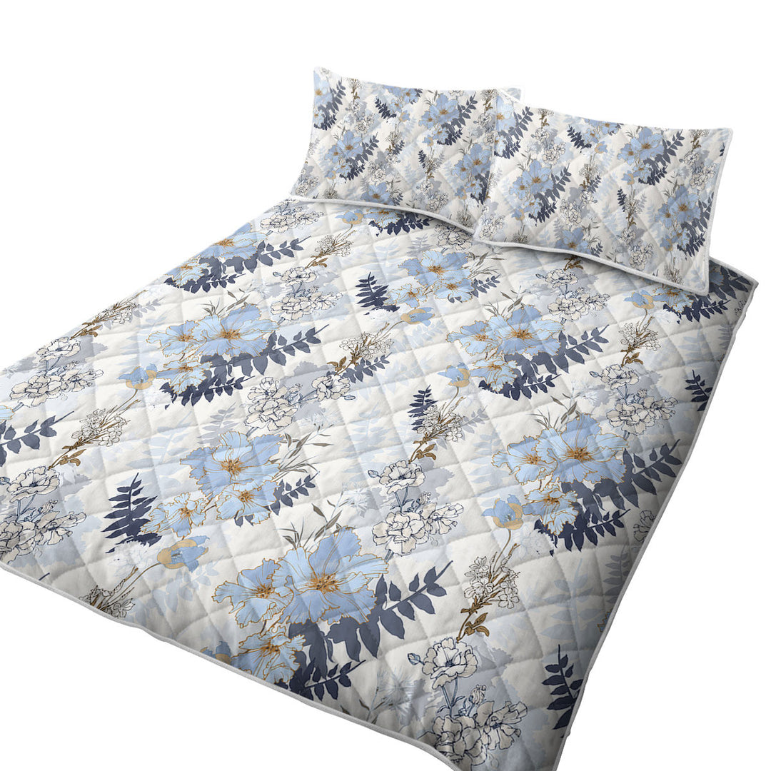 Light Blue and White Flowers King Size Bedspreads