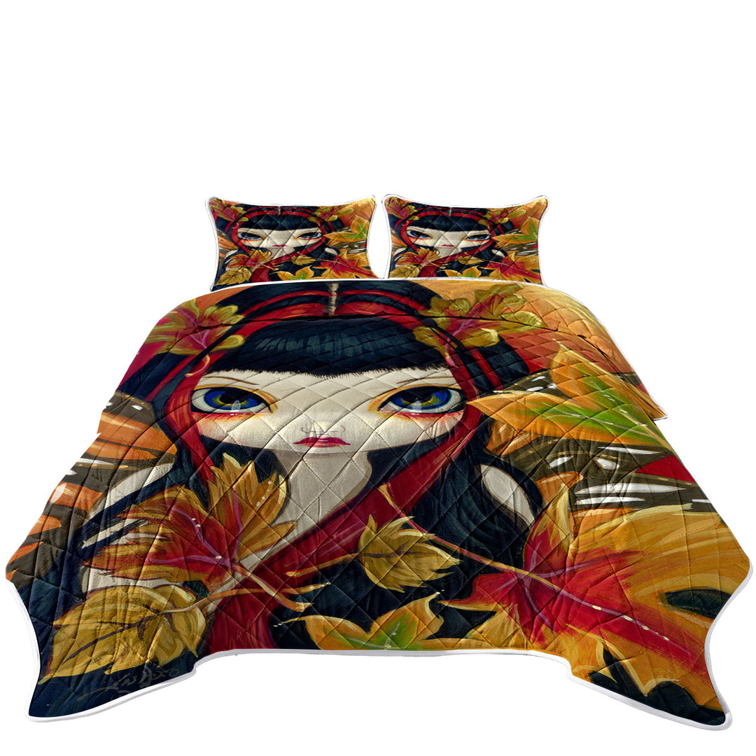 Little Autumn Leaves Big Eyed Winged Girl Quilt