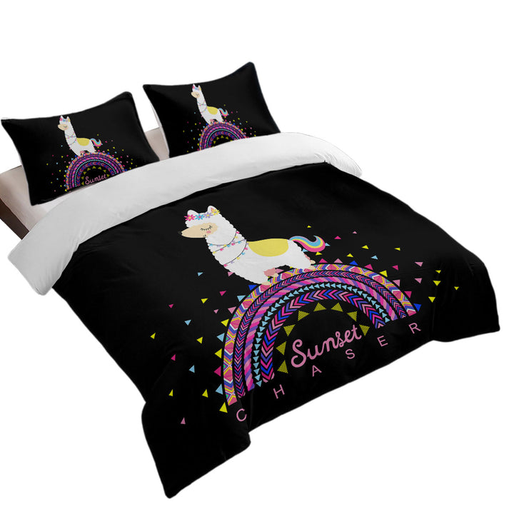 Llama Walking on Colorful Multi Pattern Rainbow Bed Covers