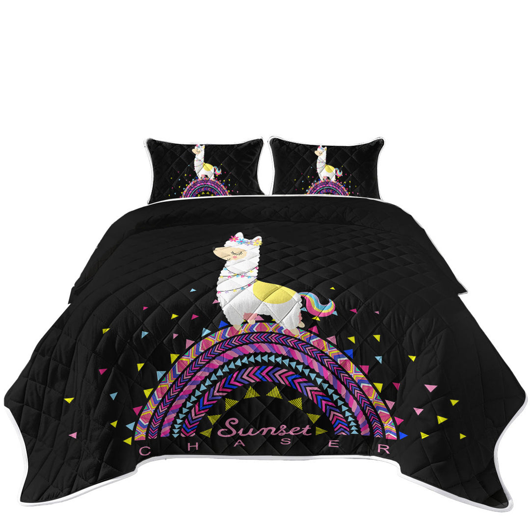 Llama Walking on Colorful Multi Pattern Rainbow Coverlets