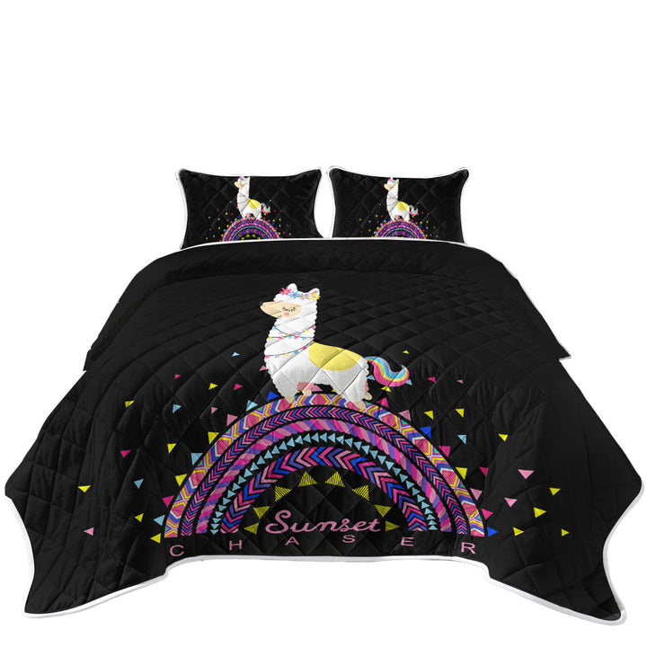 Llama Walking on Colorful Multi Pattern Rainbow Coverlets