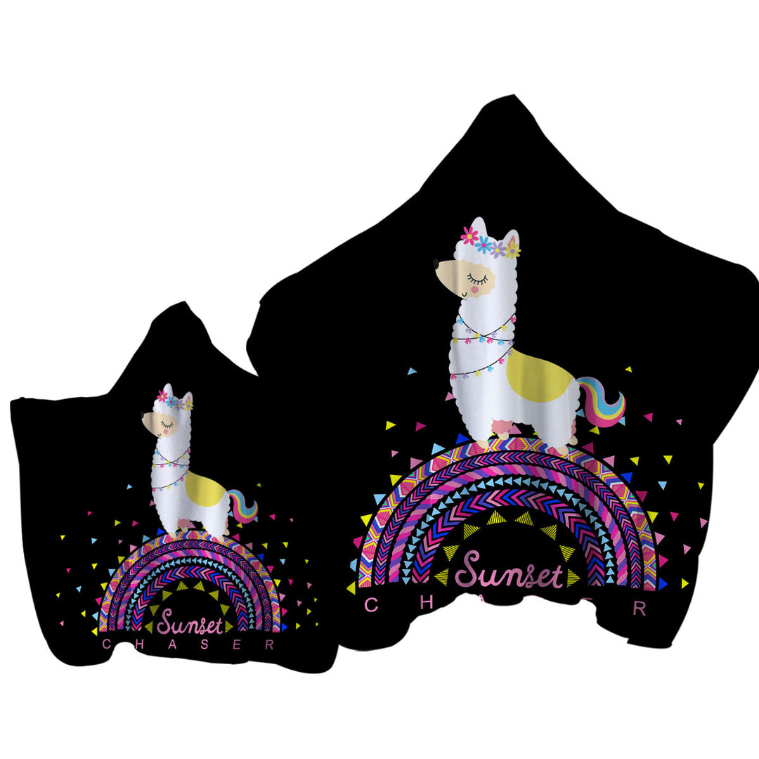 Llama Walking on Colorful Multi Pattern Rainbow Hooded Beach Towel