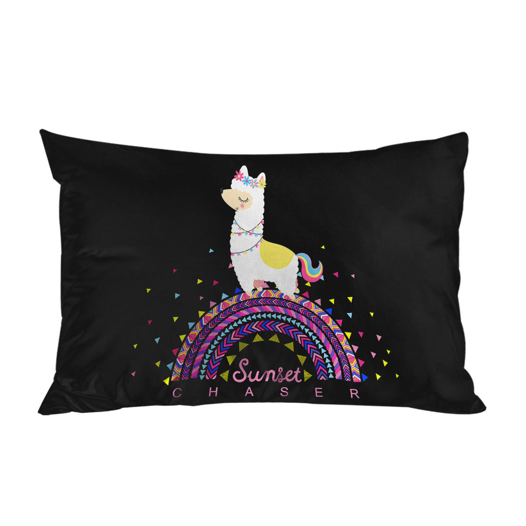 Llama Walking on Colorful Multi Pattern Rainbow Pillowcase