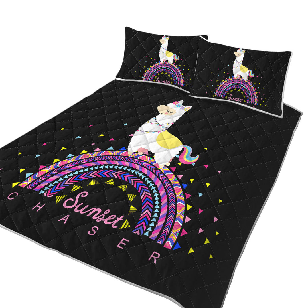 Llama Walking on Colorful Multi Pattern Rainbow Quilts for Beds