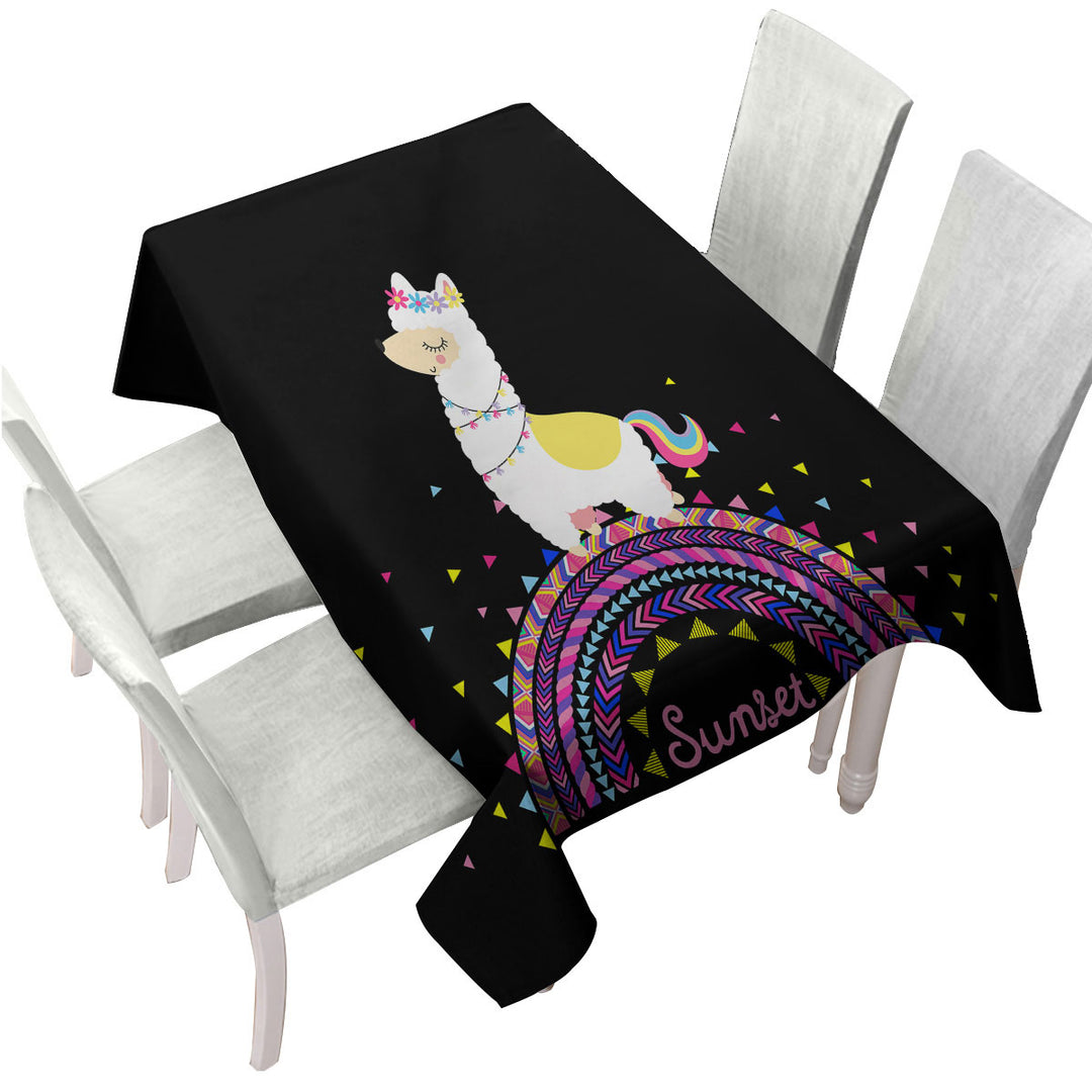 Llama Walking on Colorful Multi Pattern Rainbow Tablecloths