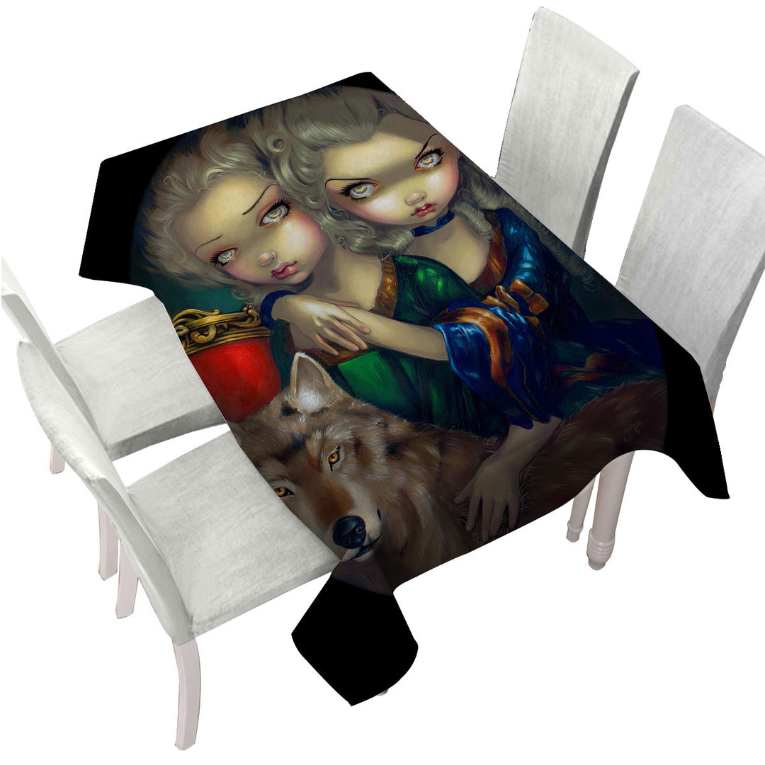 Loup Garou Beautiful Girls Twins and Their Wolf Tablecloth