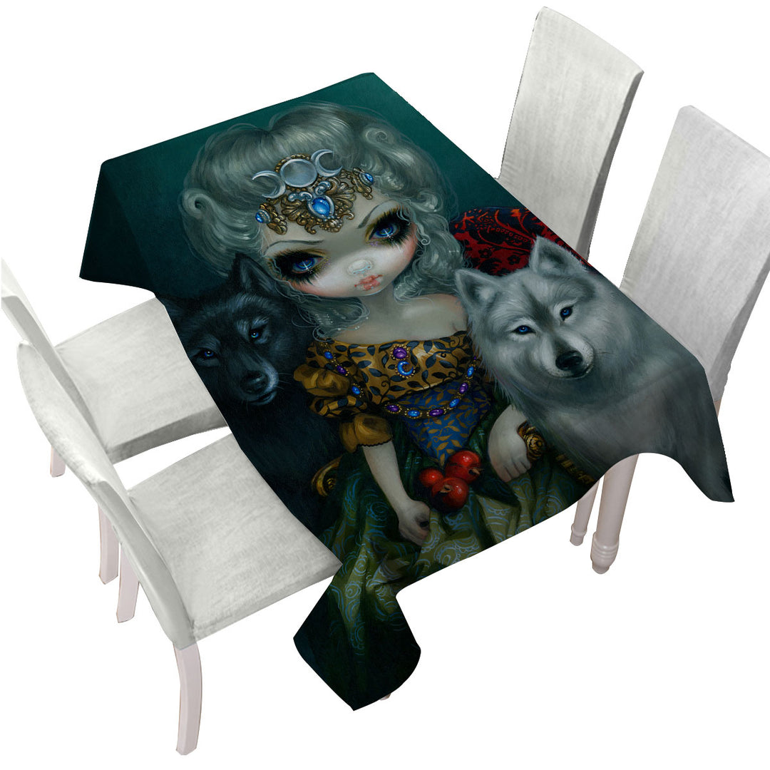 Loup Garou Beautiful Priestess Maiden and Wolves Tablecloth