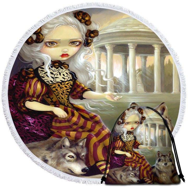 Loup Garou Circle Beach Towel the Temple Beautiful Maiden and Wolves