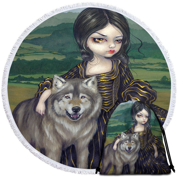 Loup Garou Fine Art Landscape Wolf and Lady Circle Beach Towel