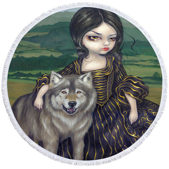 Loup Garou Fine Art Landscape Wolf and Lady Round Beach Towel