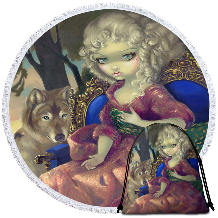 Loup Garou Fine Art the Dawn Wolf and Beautiful Girl Nice Beach Towels