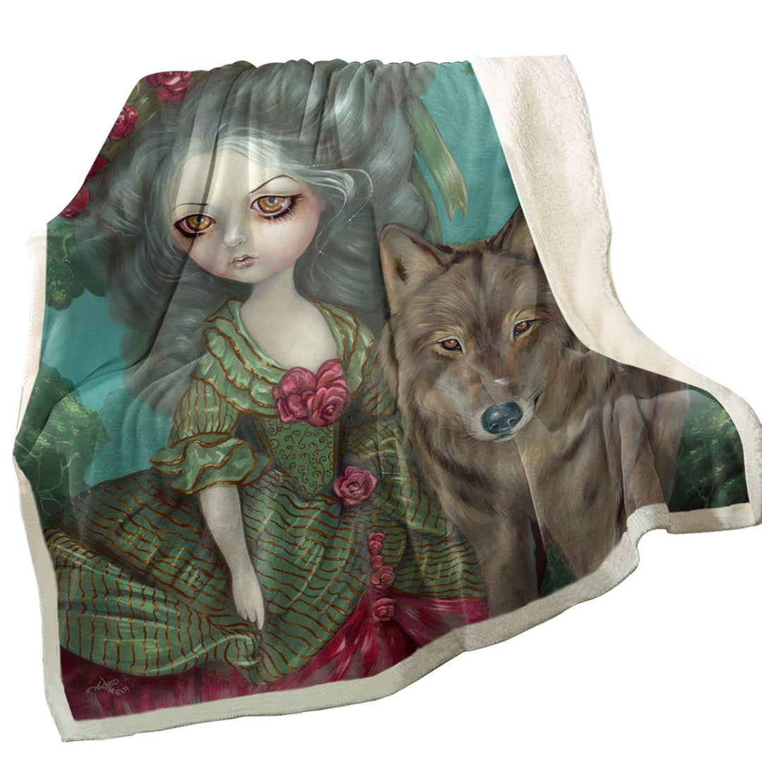Loup Garou Forest Beautiful Girl and Her Wolf Throw Blanket