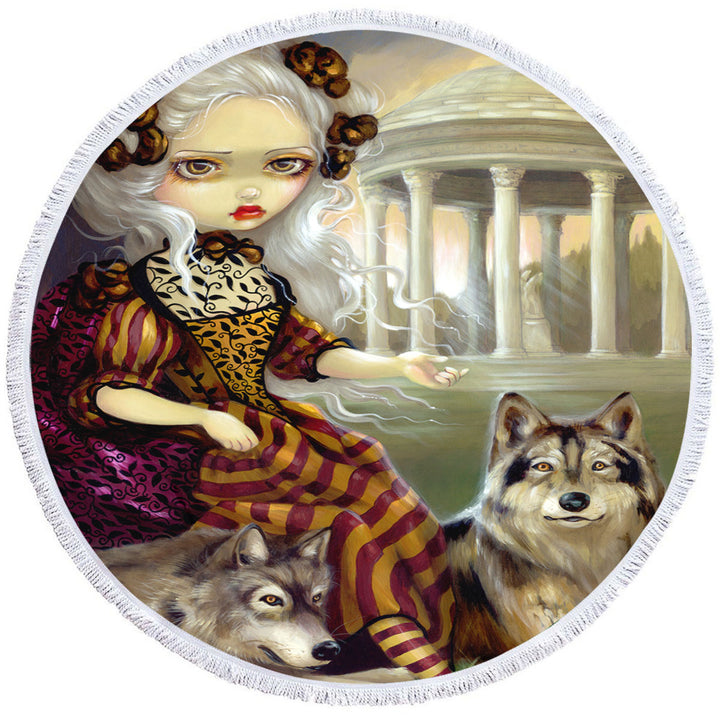 Loup Garou Round Beach Towel the Temple Beautiful Maiden and Wolves