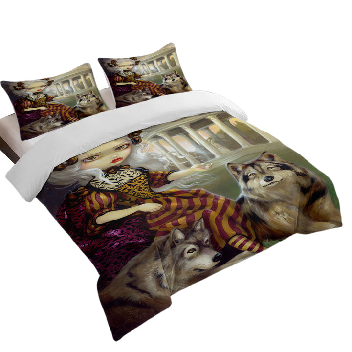 Loup Garou the Temple Beautiful Maiden and Wolves King Size Duvet Cover