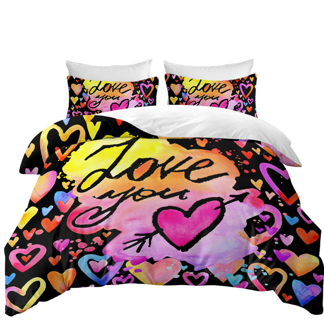 Love You Colorful Hearts Queen Size Duvet Cover
