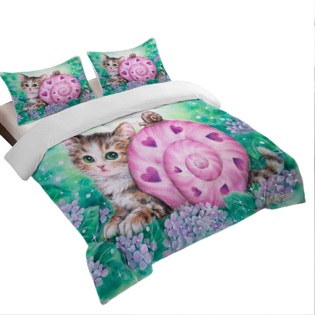 Lovely Art Drawings Kitten and Snail Friendship Comforter Cover