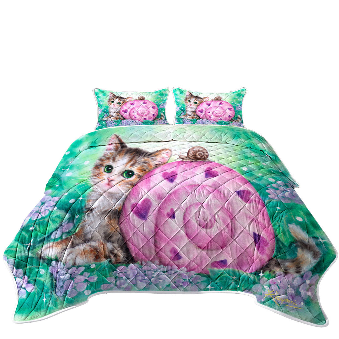 Lovely Art Drawings Kitten and Snail Friendship Coverlet