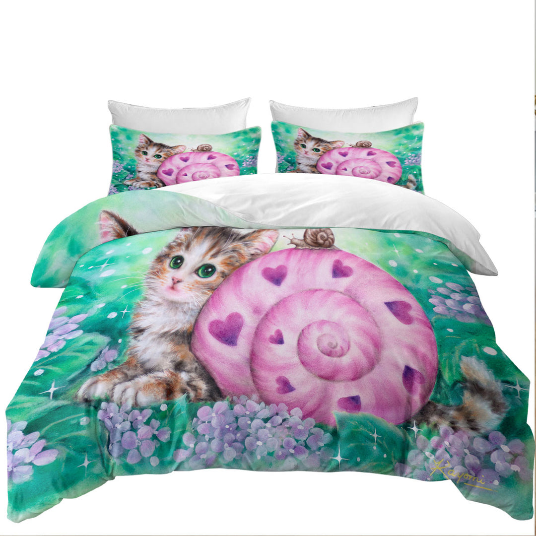 Lovely Art Drawings Kitten and Snail Friendship Duvet Cover