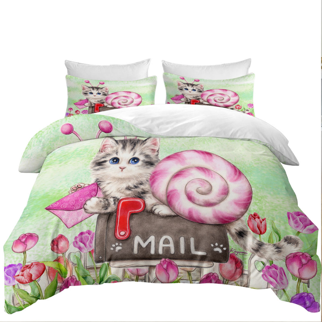 Lovely Art Drawings Snail Kitten and Tulips Comforter Cover