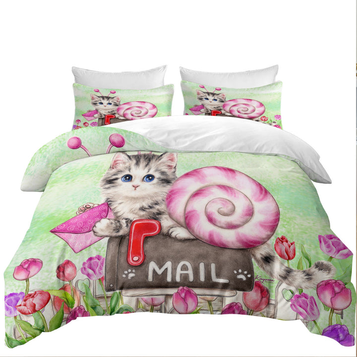 Lovely Art Drawings Snail Kitten and Tulips Comforter Cover
