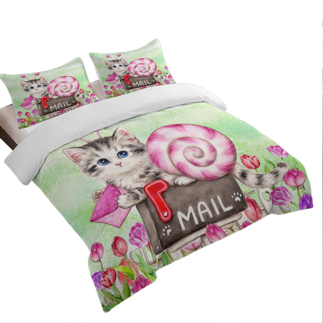 Lovely Art Drawings Snail Kitten and Tulips Duvet Cover