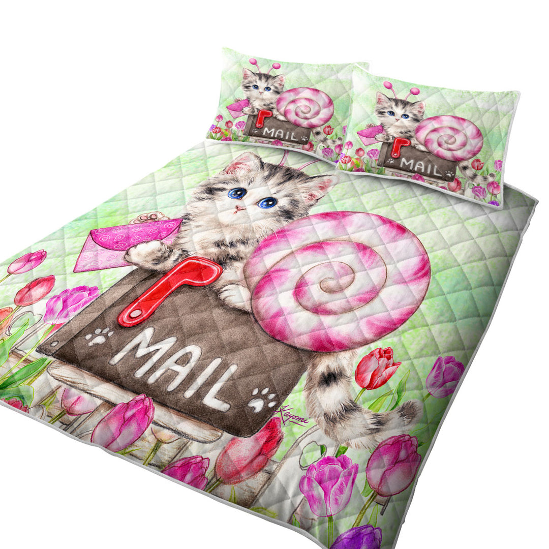 Lovely Art Drawings Snail Kitten and Tulips Quilt