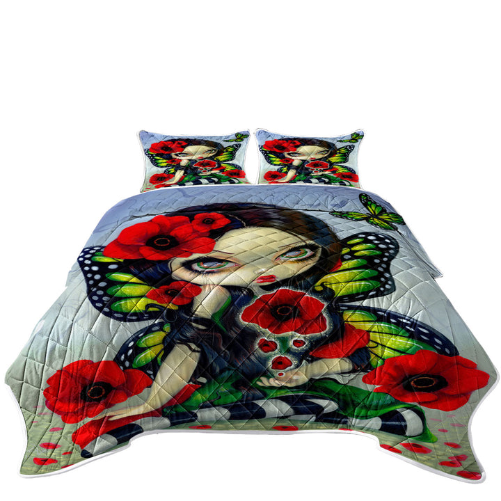 Lovely Big Eyed Butterfly Fairy with Red Poppies King Quilt