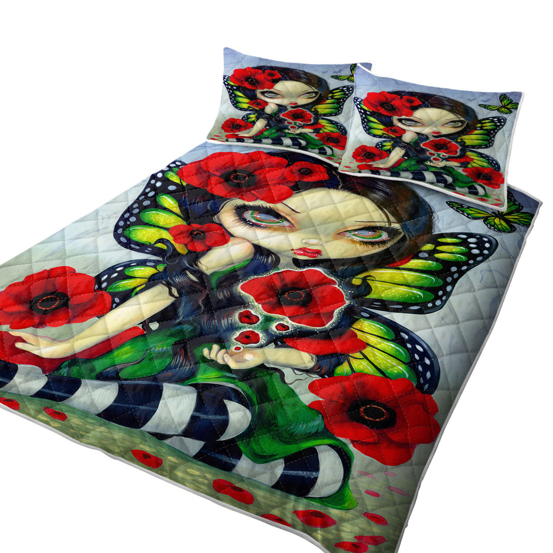 Lovely Big Eyed Butterfly Fairy with Red Poppies Quilt