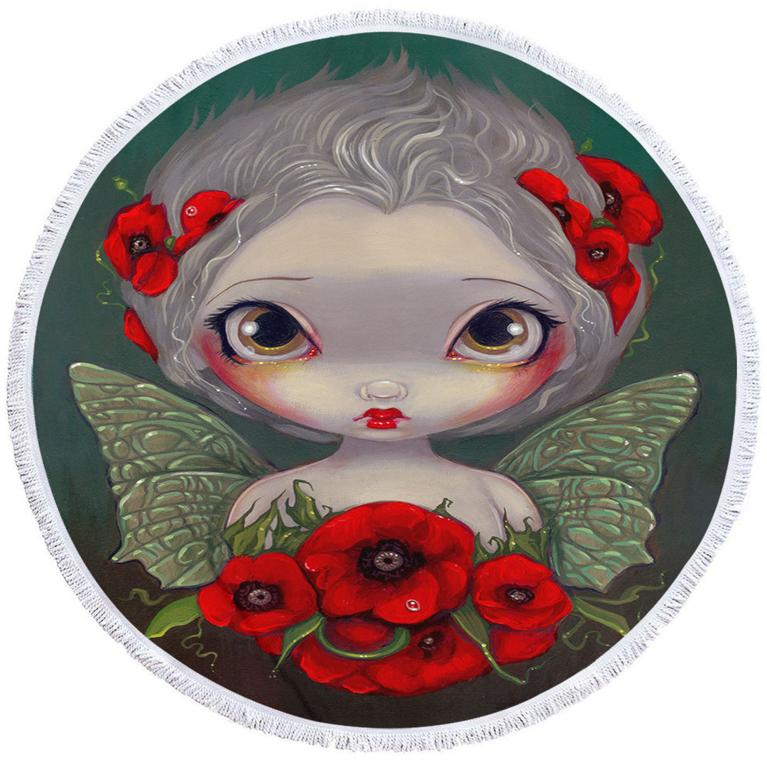 Lovely Big Eyed Fairy Portrait with Red Poppies Big Beach Towels
