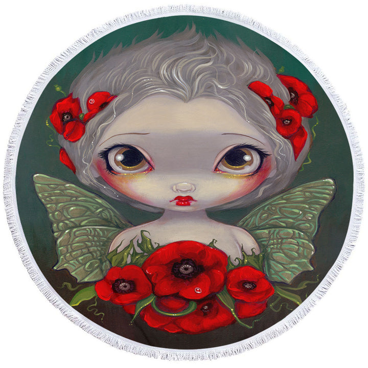 Lovely Big Eyed Fairy Portrait with Red Poppies Big Beach Towels