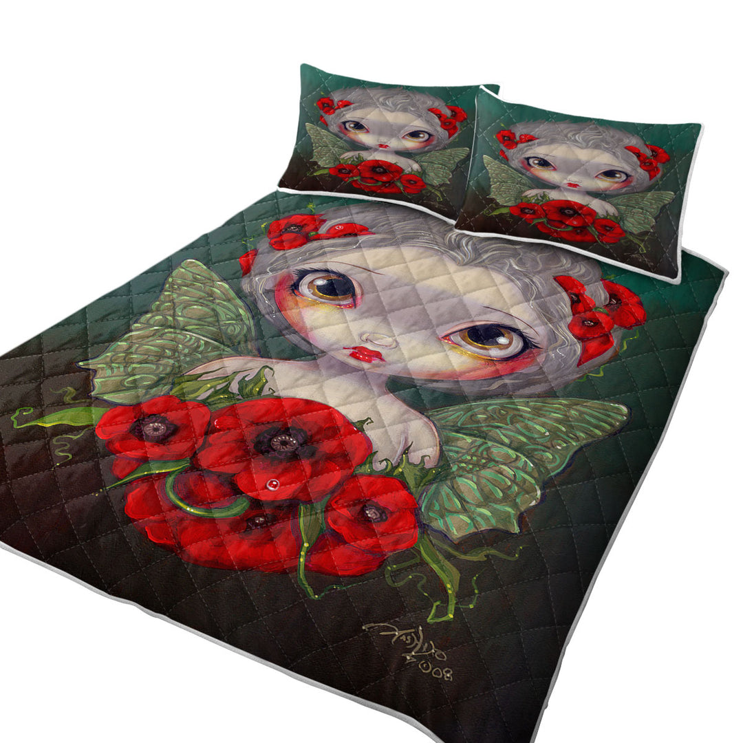 Lovely Big Eyed Fairy Portrait with Red Poppies King Quilt