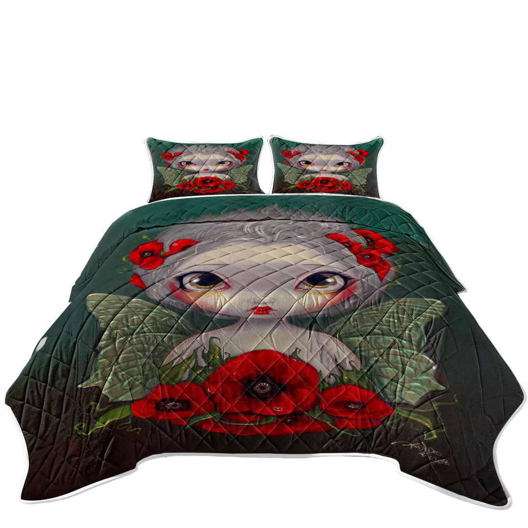 Lovely Big Eyed Fairy Portrait with Red Poppies Quilts for sale