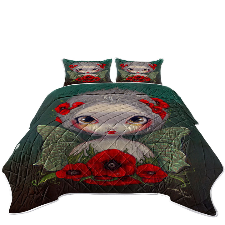 Lovely Big Eyed Fairy Portrait with Red Poppies Quilts for sale