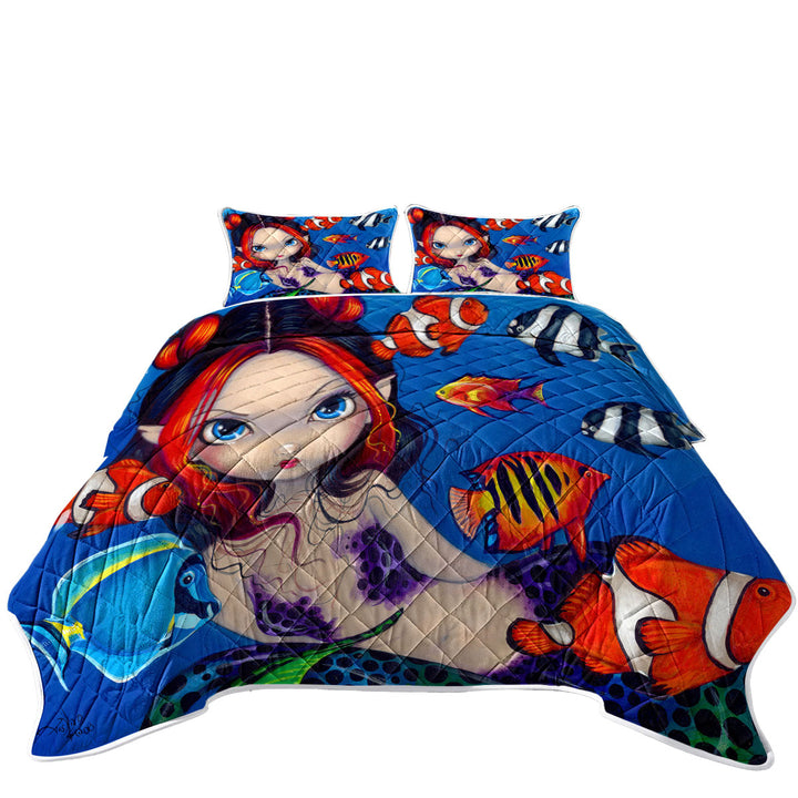 Lovely Fantasy Creature Mermaid with Tropical Fish Quilt