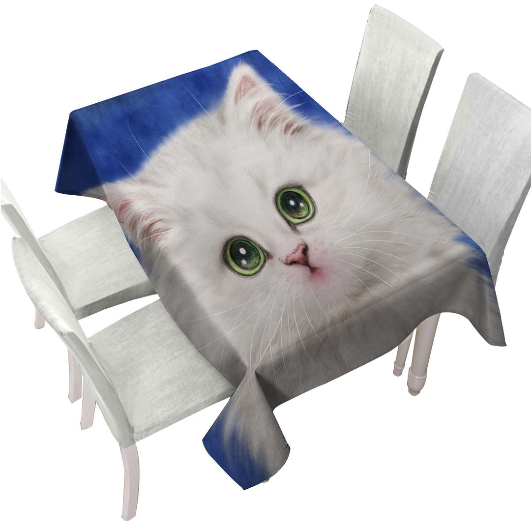 Lovely Innocent Face White Fluffy Kitty Cat Tablecloths