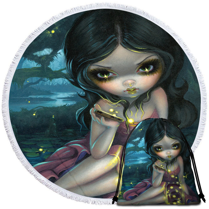 Lovely Maiden Releasing Fireflies Circle Beach Towel