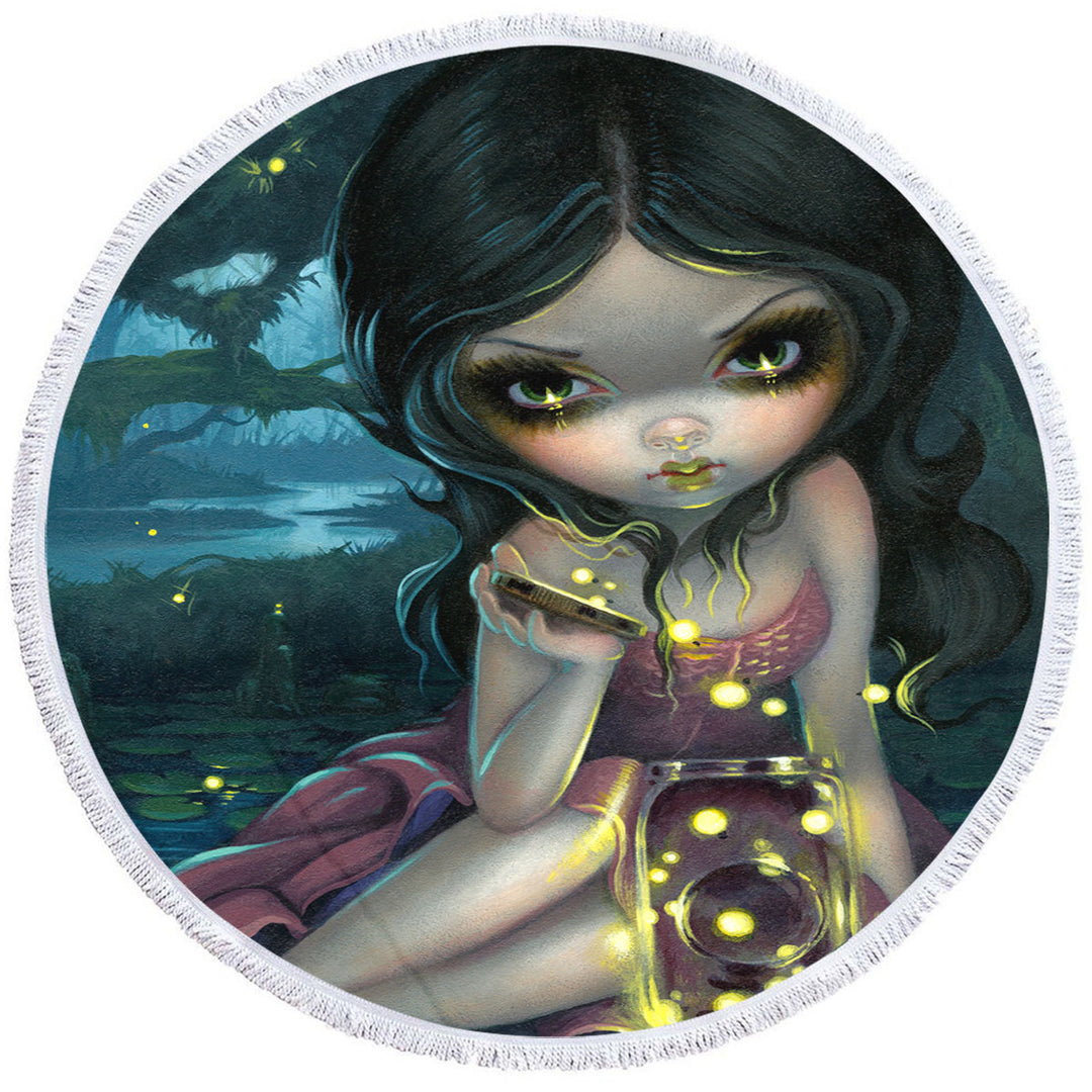 Lovely Maiden Releasing Fireflies Round Beach Towel