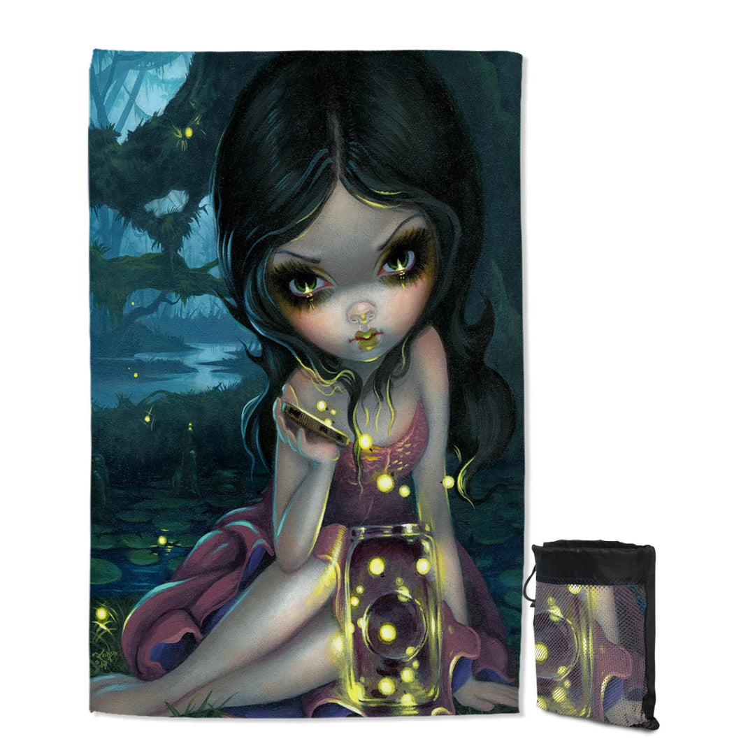 Lovely Maiden Releasing Fireflies Travel Beach Towel