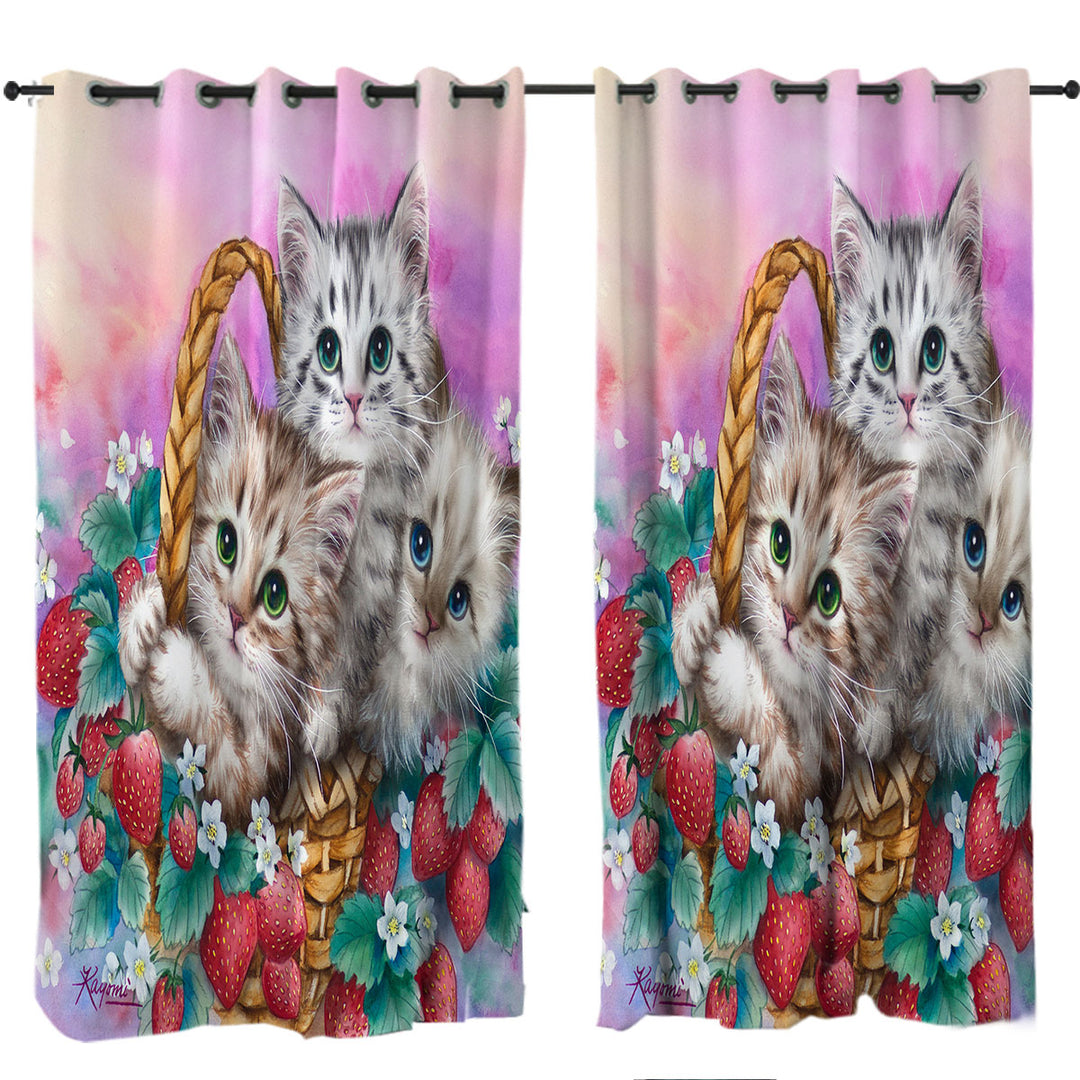 Made to Measure Curtains with Adorable Strawberry Basket with Kittens